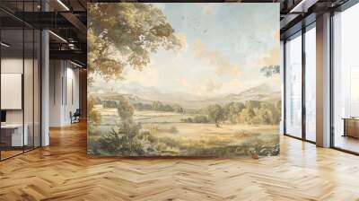 Baroque fresco of a tranquil countryside scene in muted tones and gold accents Wall mural