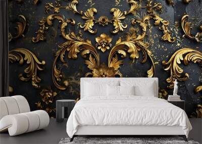 Baroque wallpaper in deep black and gold with floral and scroll motifs for an opulent dramatic aesthetic Wall mural