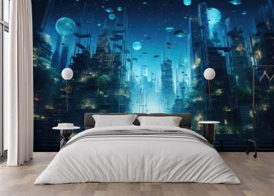 Bioluminescent underwater cyber city lone diver symbolizes digital exploration Wall mural