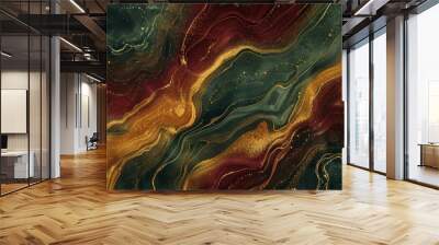 Blend of dark green mustard and burgundy with flowing textures background Wall mural