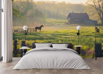 Blurry spring horse ranch with blooming fields and a bright sunny sky Wall mural