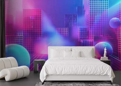 Bold neon wallpaper with glitchy pixel art and soft glow creating a nostalgic arcade-inspired background Wall mural