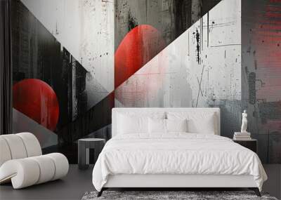 Bold wallpaper of angular shapes in black red and white with diffused light effects Wall mural