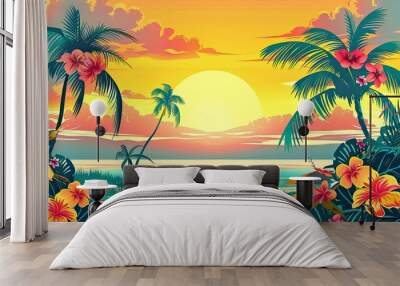 Bright tropical island with exaggerated trees and flowers creating space for text Wall mural