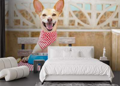 dog eating a the table with food bowl Wall mural