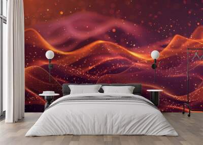 Burnt sienna to burgundy gradient with glowing particles and waves background Wall mural