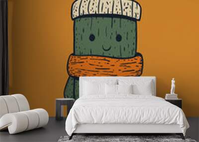 Cactus in Winter Clothes. Cute Illustration of Desert Plant in Cold Weather. Wall mural