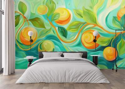 Citrus swirls mingling with cool aquamarine background Wall mural