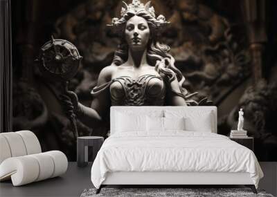 Classical sculpture of goddess scepter and intricately adorned shield in hand Wall mural