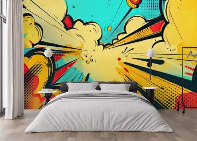 Comic-inspired background with yellow hues motion lines and vibrant halftone dots Wall mural