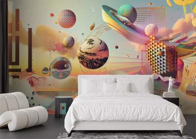 Dadaism backdrop with distorted text and surreal objects floating in soft light Wall mural