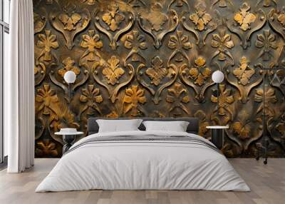 Decorative metal panel background with antique gold finish and intricate patterns Wall mural