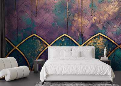 Diamond lattice motifs in gold and navy on a deep purple and teal Art Deco backdrop Wall mural