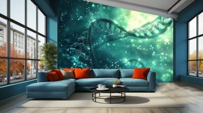 DNA science wallpaper with transparent helix glowing and liquid waves in the backdrop Wall mural