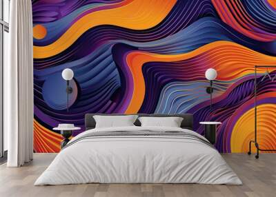 Dynamic geometric wallpaper featuring wavy lines and circles in bold colors on white Wall mural