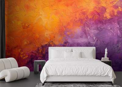 Dynamic orange and purple wallpaper with textured brushstrokes on rough canvas Wall mural