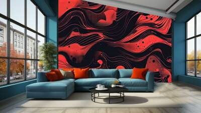 Dynamic red wallpaper with bold wave shapes and intricate halftone patterns Wall mural