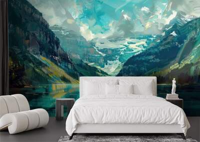 Dynamic wallpaper with teal and brown strokes depicting a mountain lake and snow-capped peaks Wall mural