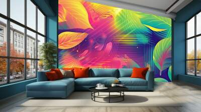 Energetic backdrop with swirling leaf patterns vibrant neon colors and halftone gradients Wall mural