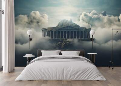 Ethereal Greek temple atop floating island clouds and mystery abound Wall mural