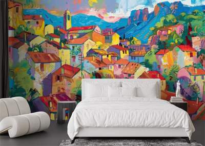 Fauvist village scene with vibrant colors and expressive spontaneous brushstrokes Wall mural