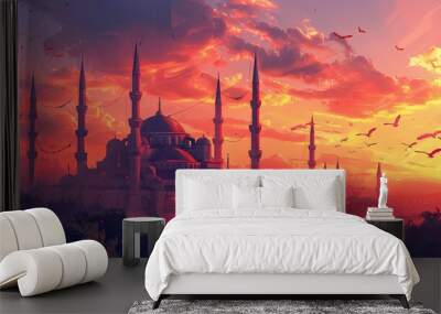 Fictional Suleymaniye Mosque domes and minarets glowing in Turkish flag hues under a sunset sky Wall mural