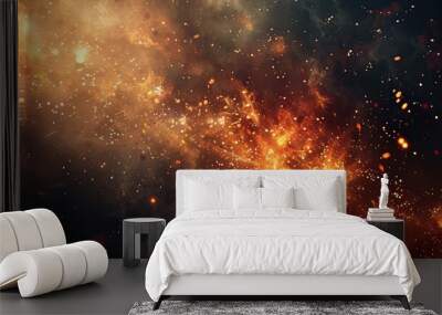 Fiery explosion with sparks and glowing embers radiating from a dark smoky backdrop Wall mural