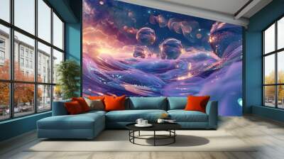 Floating glowing spheres and liquid rivers under a surreal starry sky in backdrop Wall mural