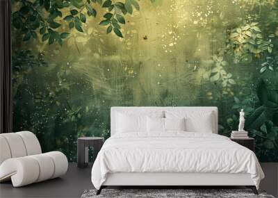 Forest backdrop with a mosaic of leaf textures and subtle light leaks in green tones Wall mural