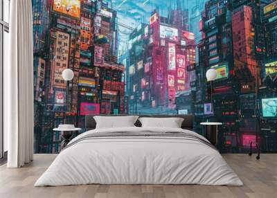 Futuristic cityscape painted with vibrant murals background Wall mural