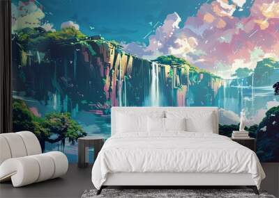 Futuristic waterfall with streamlined forms and sharp angles under an abstract sky Wall mural