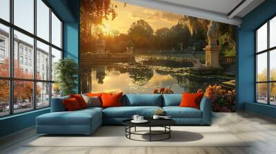 Garden pond with classical statues and soft pastel sunset reflections background Wall mural