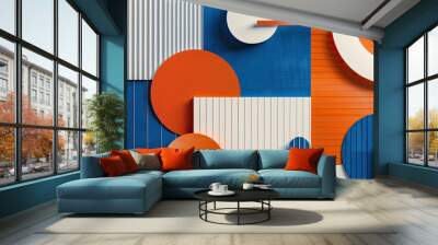 Geometric shapes in blue orange and white with textures and soft light Wall mural