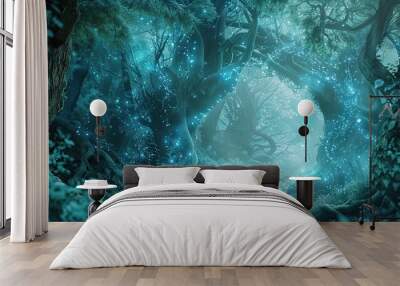 Glowing crystalline shapes and swirling mist creating a magical forest backdrop Wall mural