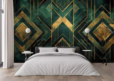 Gold and black geometric patterns with glowing effects and gradient washes in deep emerald and teal for Art Deco style Wall mural