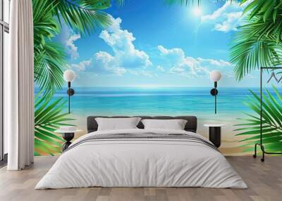 Golden sandy beach blue ocean and palm leaves framing the tropical holiday wallpaper Wall mural