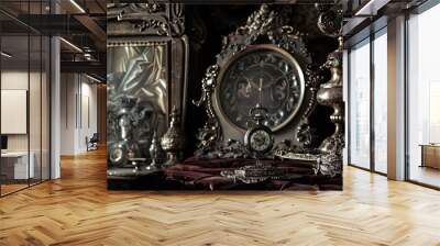 Gothic backdrop with vintage pocket watch arranged dramatically against dark velvet cushion Wall mural