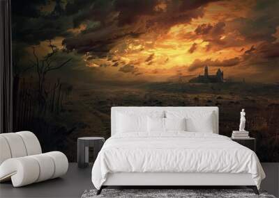 Gothic-inspired sunset over plains with a brooding atmosphere and intricate details Wall mural