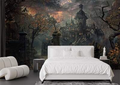 Gothic village scene with ornate architecture under a brooding dramatic sky Wall mural