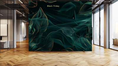 Gradient from green to black with gold leaf patterns Black Friday text in script background Wall mural