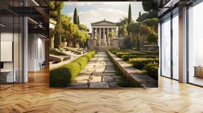 Grand Greek temple complex marble walkways lush gardens interconnect Wall mural