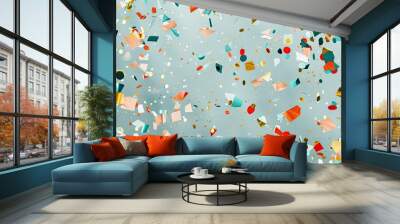 Gray-blue wall with a confetti burst providing celebratory color and energy Wall mural