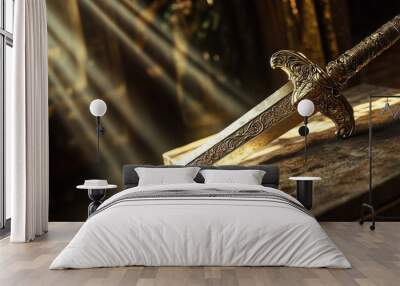 Greek sword with ornate hilt and gleaming blade sunlight creating dynamic shadows Wall mural