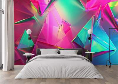 Holographic triangles and neon effects layered over gradients of pink blue and green hues Wall mural