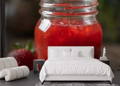 Homemade Strawberry Jam. Jar of homemade strawberry jam with fresh strawberries. Wall mural