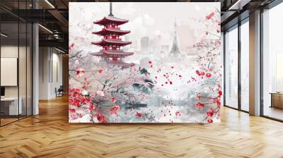 Imaginary Kiyomizu-Dera Temple scene glowing in red and white with cherry blossoms around Wall mural