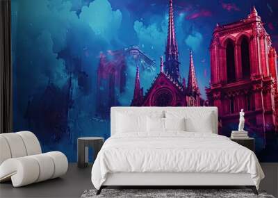 Imaginary Notre-Dame Cathedral glowing under a deep blue sky with red highlights Wall mural