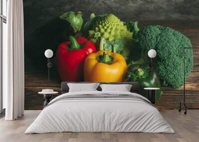 Vegetables from organic farming on a wooden background. Healthy food concept.Copy space Wall mural