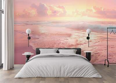 Lofi backdrop of a peaceful beach at dawn with soft pastels and blurred waves creating a calm serene background Wall mural