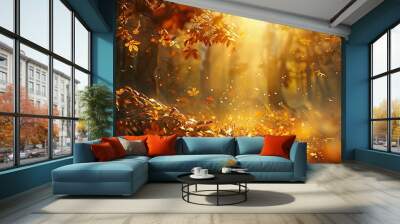 Lofi backdrop showing an autumn forest soft sunlight filtering through golden leaves casting a nostalgic background glow Wall mural